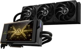 ディスプレイを備えた高性能なグラフィックボードと、3連ファンが特徴の水冷ラジエーターで構成されたPC冷却システムです。ゲーミングやハイエンド用途向けの、カスタマイズされたPCパーツを示しています。