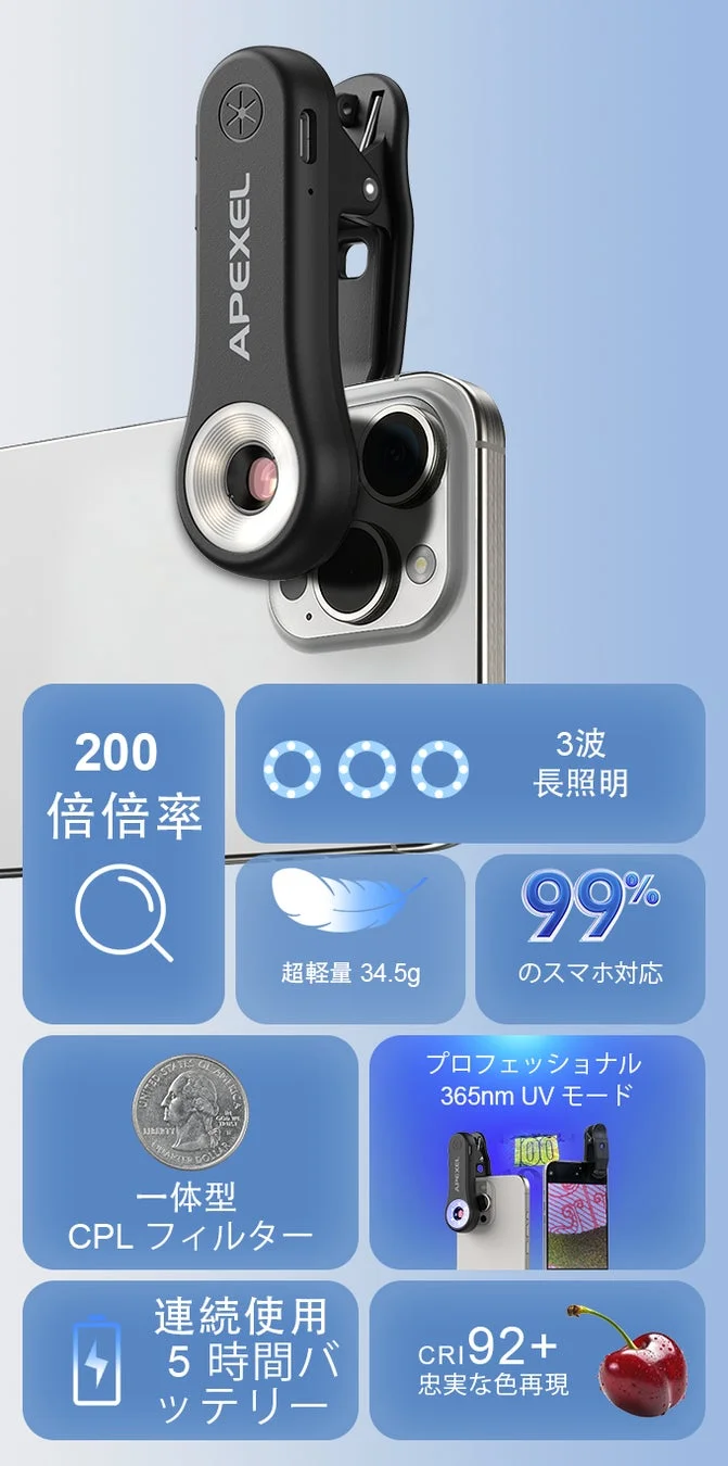 APEXEL 200 倍倍率 3波長照明 超軽量 34.5g 99% のスマホ対応 UNITED STATES OF AMERICA QUARTER DOLLAR 一体型 CPL フィルター プロフェッショナル 365nm UV モード 連続使用 5 時間バッテリー CRI 92+ 忠実な色再現