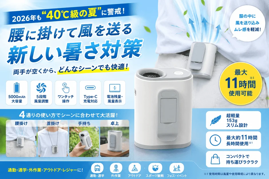 2026年も "40℃級の夏" に警戒! 腰に掛けて風を送る新しい暑さ対策 両手が空くから、どんなシーンでも快適! 服の中に風を送り込みムレ感を軽減! 最大11時間使用可能 ※1 5000mAh大容量 5段階風量調整 ワンタッチ操作 Type-C充電対応 電池残量・風量表示 4通りの使い方でシーンに合わせて大活躍! 腰掛け 首掛け 手持ち 卓上 通勤・通学・外作業・アウトドア・レジャーに! 超軽量153g スリム設計 最大約11時間長時間使用 ※1 コンパクトで持ち運びラクラク ※1 使用時間は風量や使用環境により異なります。 通勤・通学 外作業 アウトドア スポーツ観戦 フェス・イベント