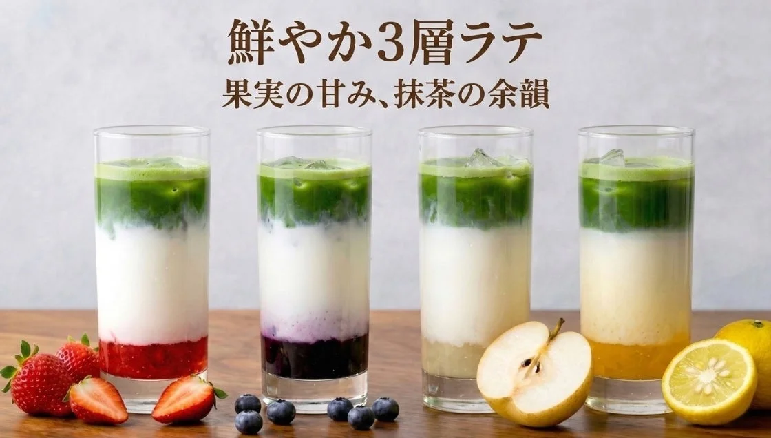 鮮やかな3層のフルーツ抹茶ラテ