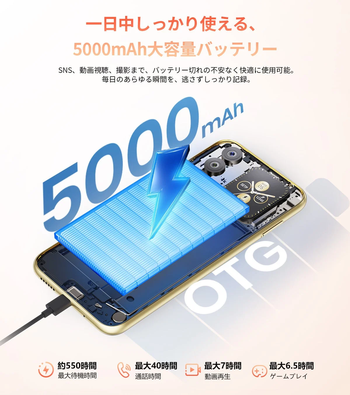 5000mAhバッテリーの待機時間と使用時間