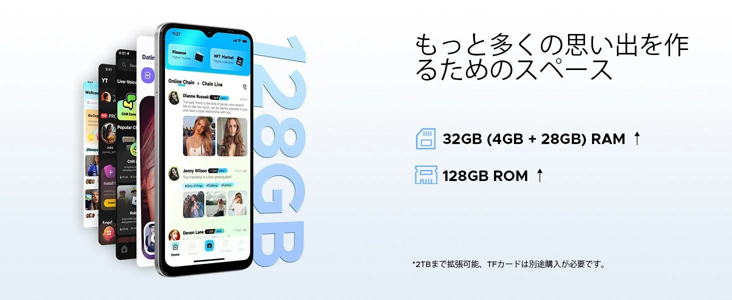 スマートフォンのストレージとRAMの容量を示す画面