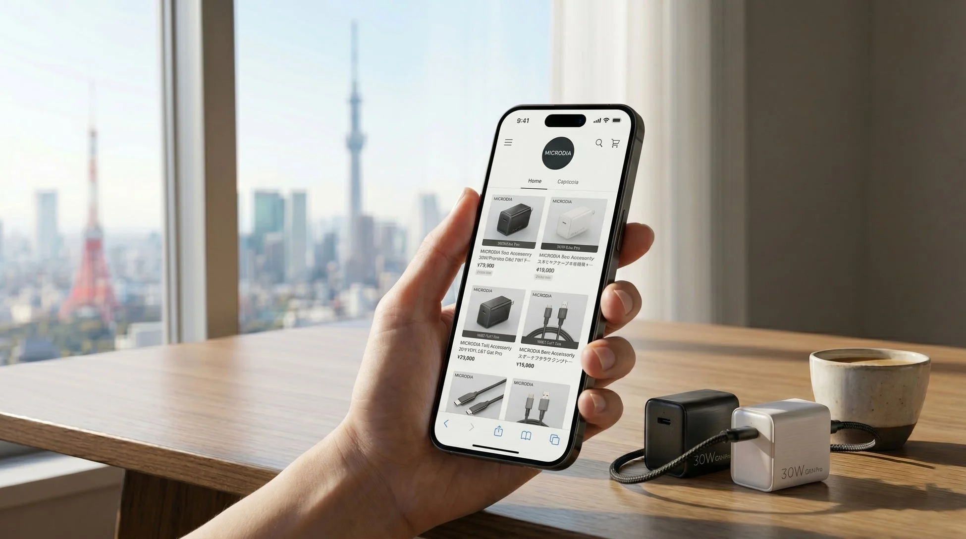 スマートフォン画面にMICRODIA販売サイトと充電器