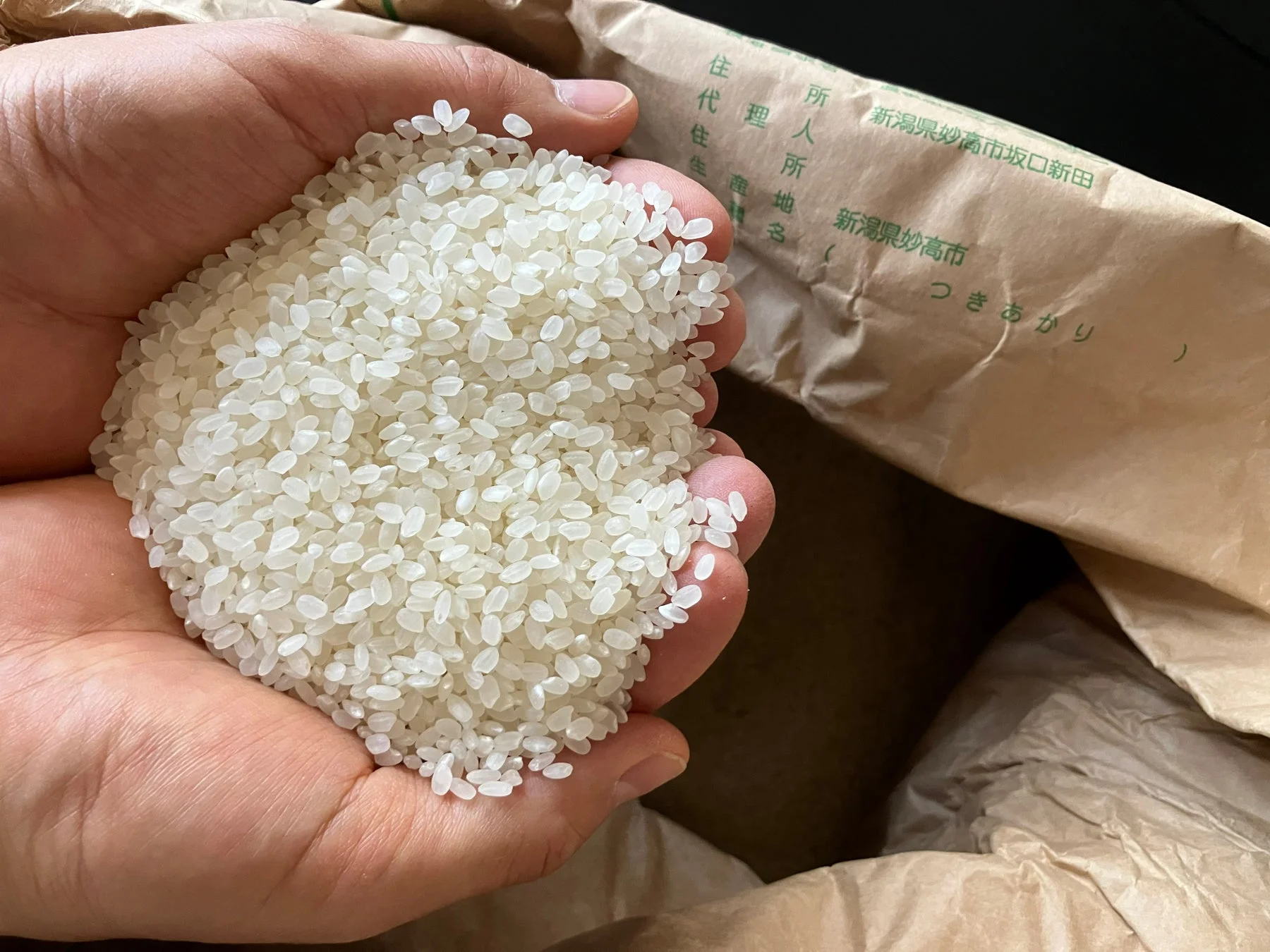 手のひらに山盛りの白い米粒と「つきあかり」と書かれた米袋