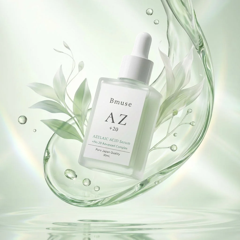 Bmuse AZ +20 AZELAIC ACID Serum with green liquid and leaves