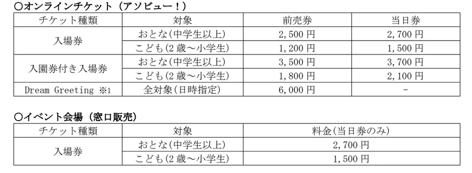 イベントのチケット料金に関する情報