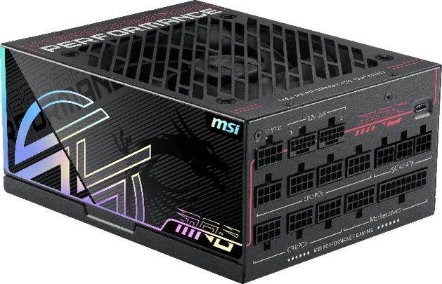 MSI製の黒いゲーミングPC向け電源ユニットです。側面には「MPG A750G GAMING」のロゴと龍のグラフィックがデザインされており、各種モジュラーケーブル接続ポートが配置されています。