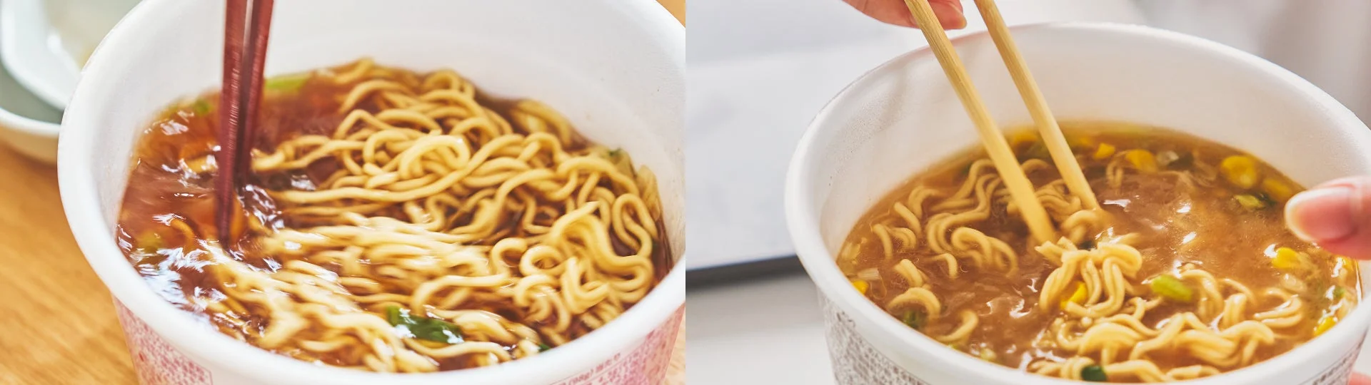 カップ麺を箸でかき混ぜている様子