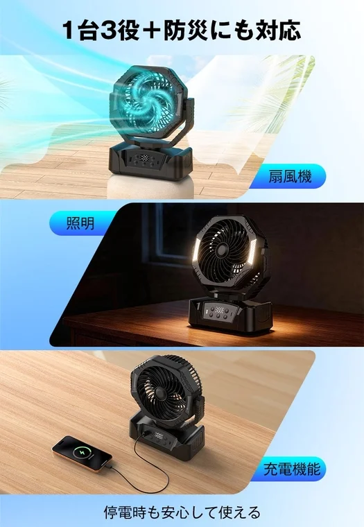 扇風機、照明、充電機能