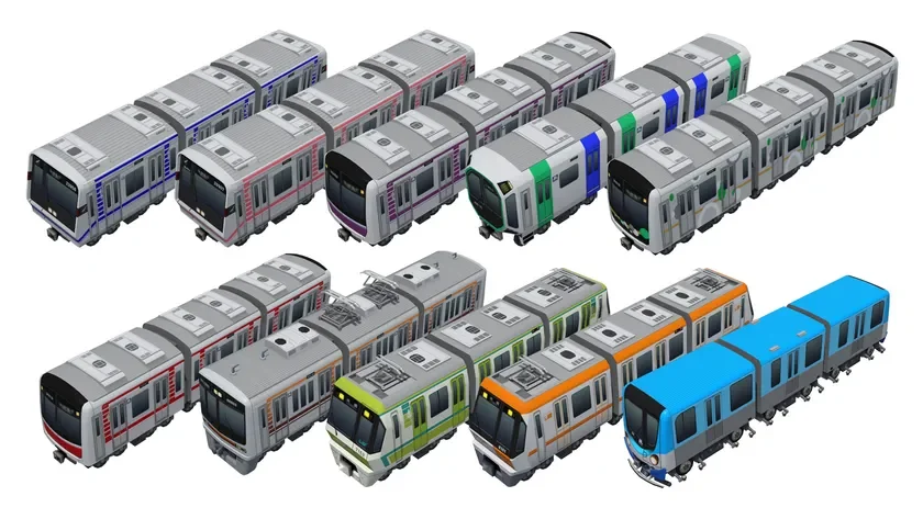 白背景に、様々な色とデザインの鉄道車両が二列に整然と並べられています。日本の通勤電車を思わせる複数の種類の車両が、模型のような俯瞰視点で描かれており、カラフルなコレクションのようです。