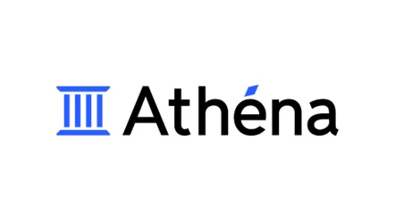 白い背景に、青い柱のようなアイコンと黒い「Athéna」という文字が配置されたロゴ