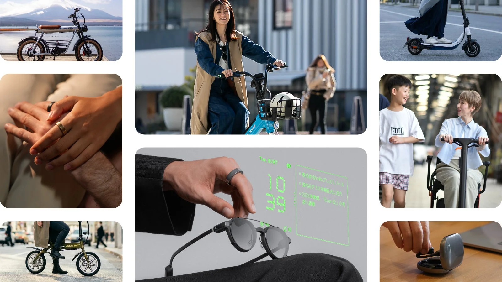 電動自転車、スマートグラス、スマートリング、ワイヤレスイヤホンなど、最新のモビリティとウェアラブルデバイスのコラージュ