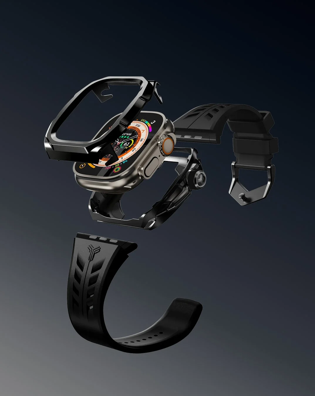 Apple Watch Ultraと保護ケース、バンドが分解された状態