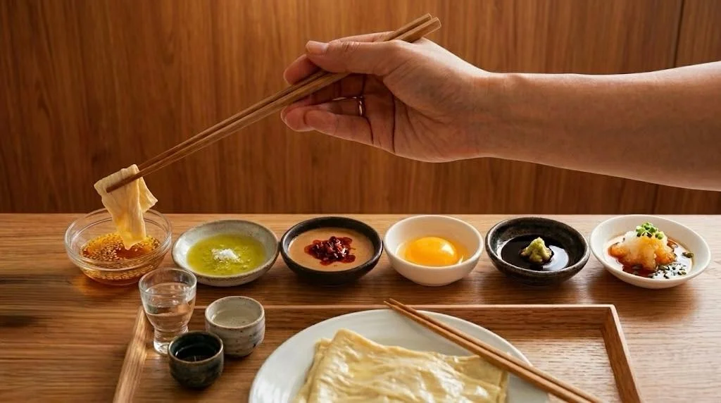 箸で湯葉を様々なつけだれにディップして食べる様子