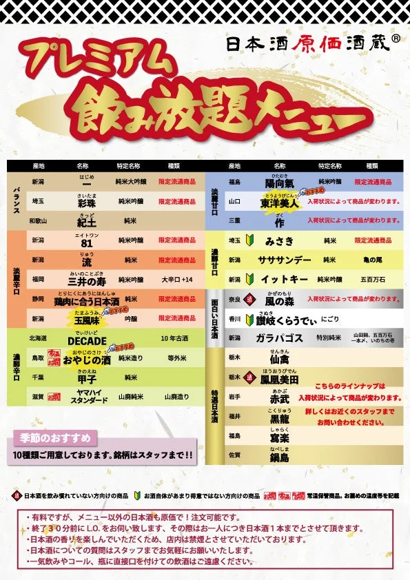 日本酒原価酒蔵のプレミアム日本酒飲み放題メニュー