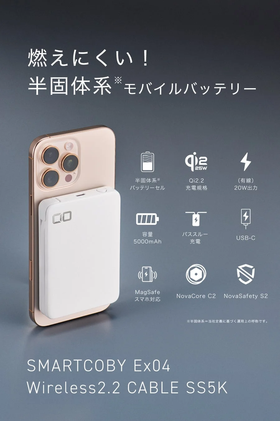 燃えにくい半固体系モバイルバッテリー「SMARTCOBY Ex04 Wireless2.2 CABLE SS5K」の製品紹介画像です。iPhoneに装着された白いバッテリーが特徴で、Qi2.2対応、5000mAh容量、MagSafe対応などの機能がアイコンと共に説明されています。