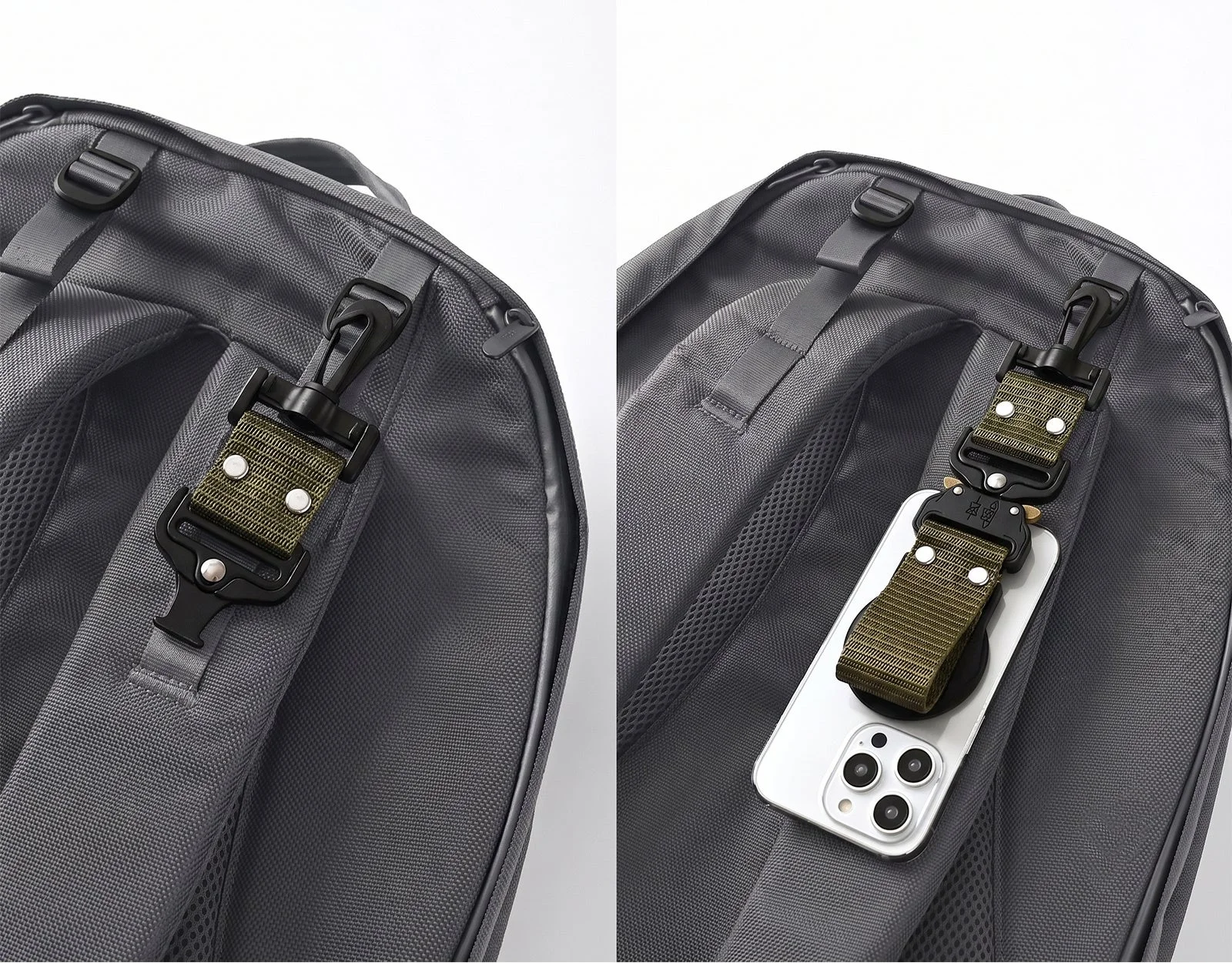 バックパックに装着されたスマホホルダー