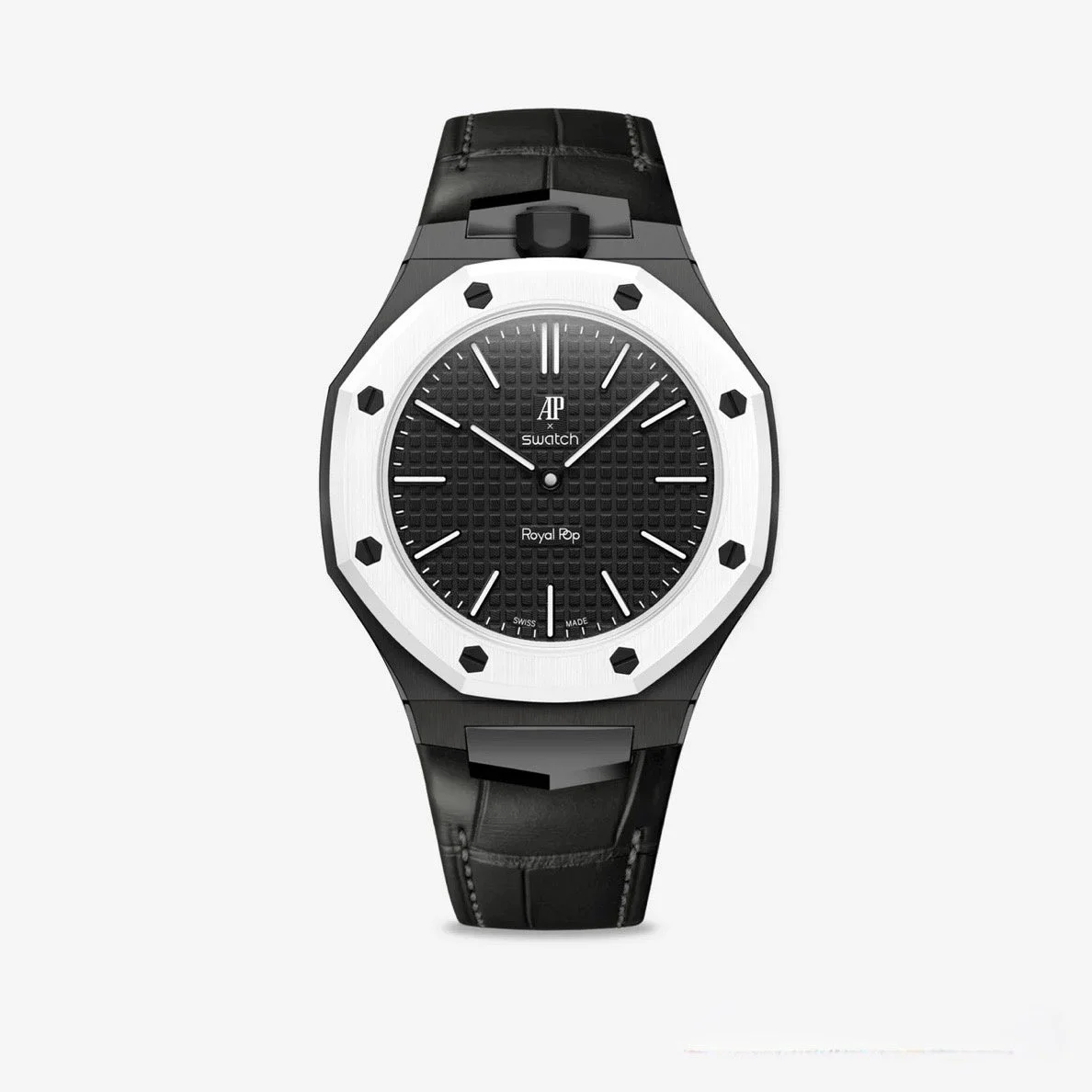 ブラックの文字盤とストラップにホワイトの八角形ベゼルが特徴的な、APとSwatchのコラボウォッチ「Royal Pop」