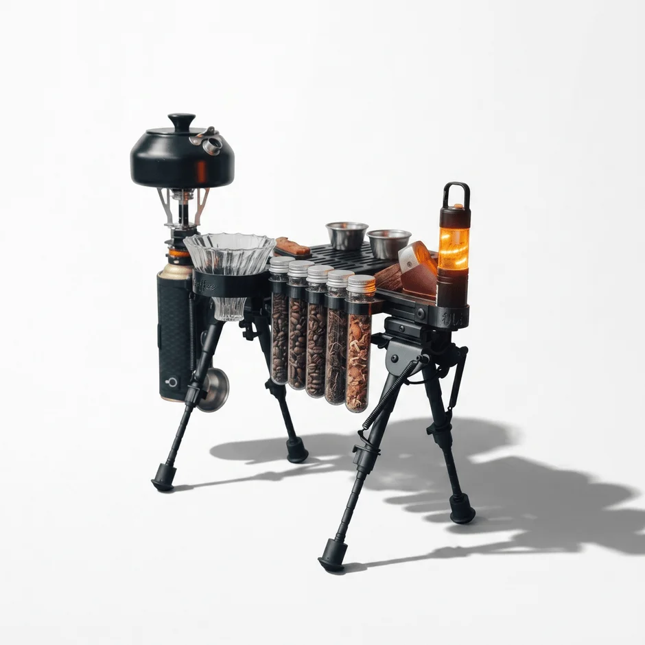 白い背景に、ケトルやコーヒー豆、ドリップ器具などがコンパクトにまとめられたポータブルなコーヒーセットが写っています。