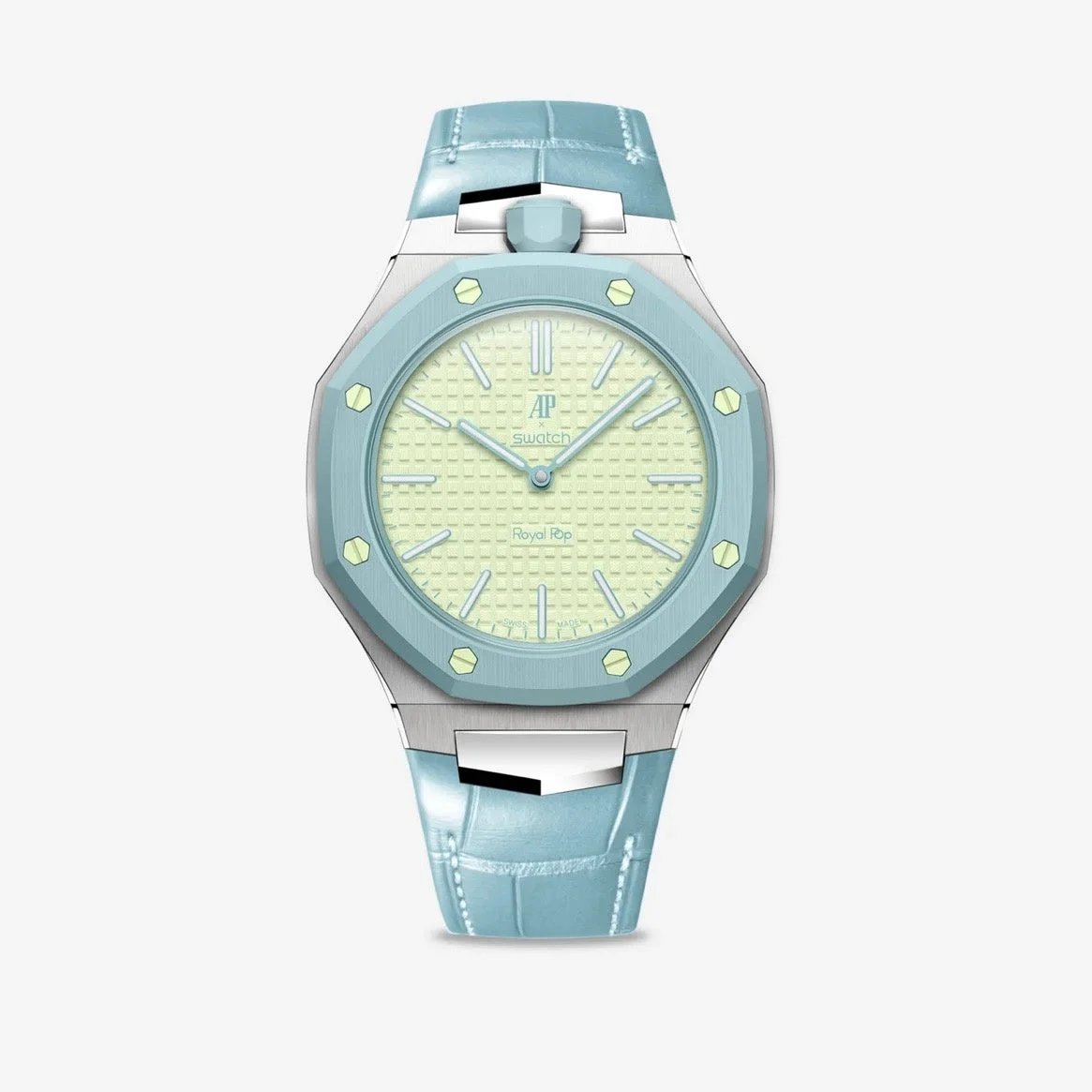 水色とミントグリーンの色合いが特徴的な、APとSwatchのコラボ腕時計「Royal Pop」