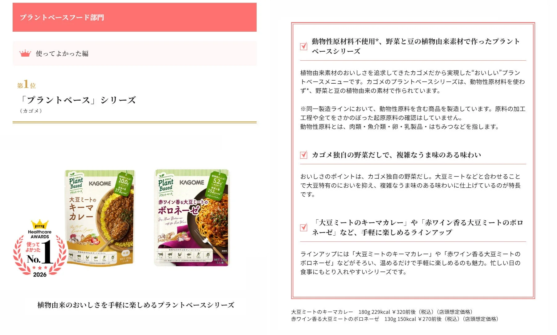 プラントベースフード部門の受賞商品と読者コメント