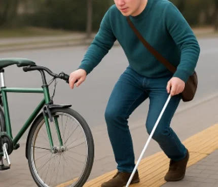白杖を持つ男性と自転車