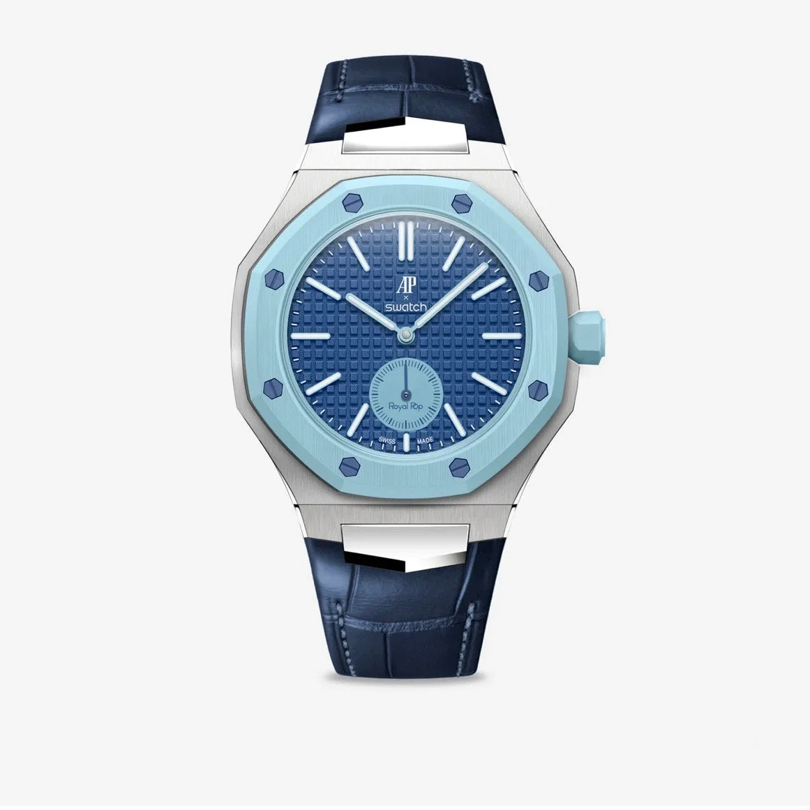 ライトブルーのベゼルとネイビーの文字盤が特徴のAPとSwatchのコラボ腕時計