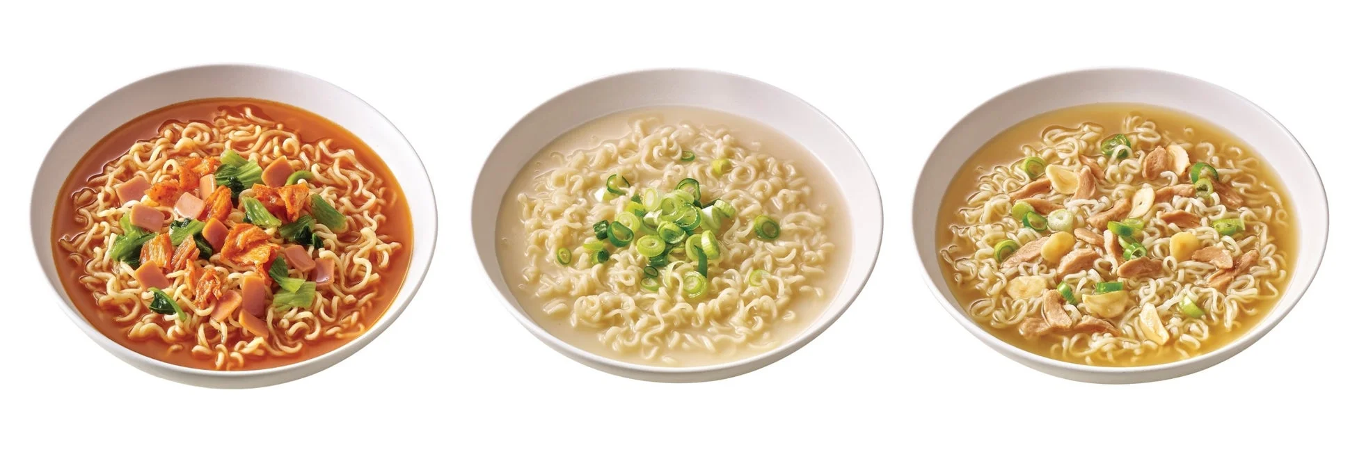 調理イメージ（左から「プデチゲサバル麺」「コムタンサバル麺」「サムゲタンサバル麺」）