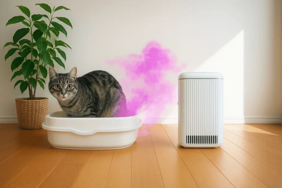 猫がトイレを使う様子と脱臭機のイメージ