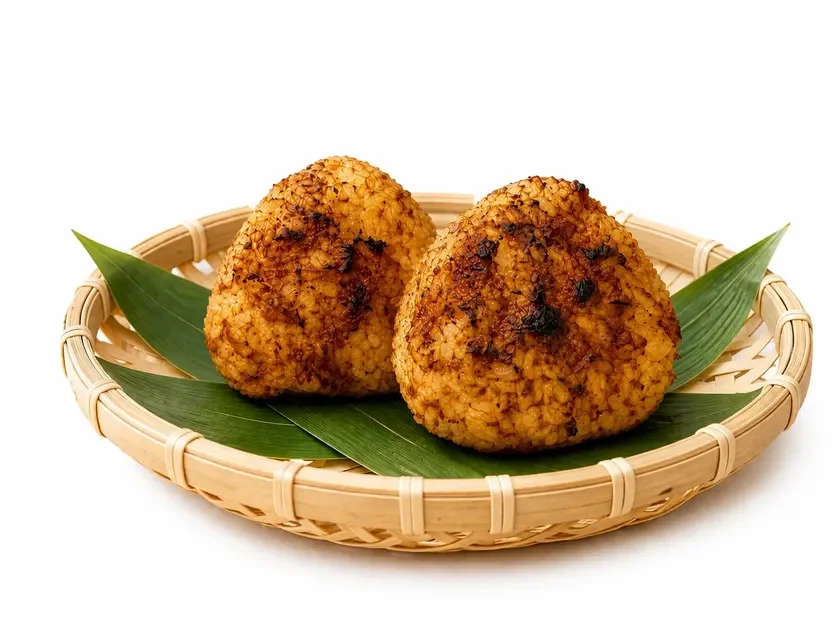 白い背景に、竹ざるの上に青々とした葉を敷き、香ばしく焼き色がつけられた焼きおにぎりが二つ並べられています。日本の伝統的な軽食であり、食欲をそそる温かみのある一品です。