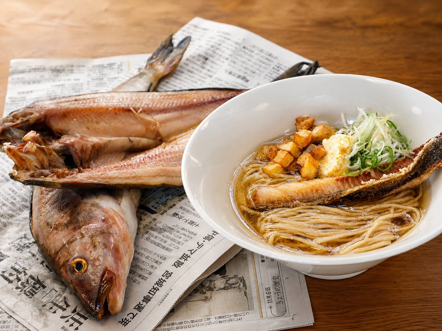 ほっけラーメンと新聞