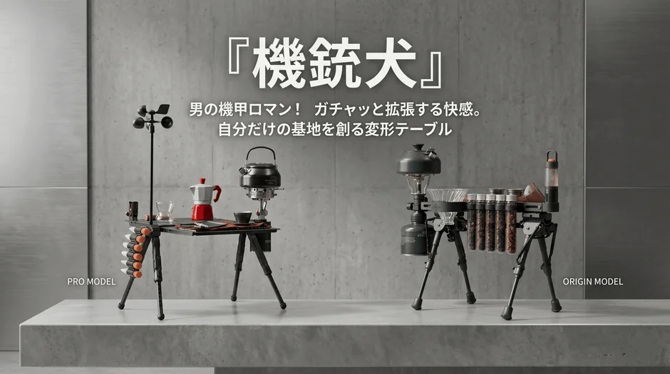 キャンプやアウトドアで使用する、多機能な変形テーブル「機鎧犬」のPRO MODELとORIGIN MODELを紹介する画像です。