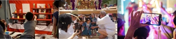 縁日のゲーム、伝統的な祭りで子供たちと神輿を囲む人々、そしてライブイベントをスマホで撮影する様子を組み合わせた画像です。現代の娯楽と記録文化を象徴しています。