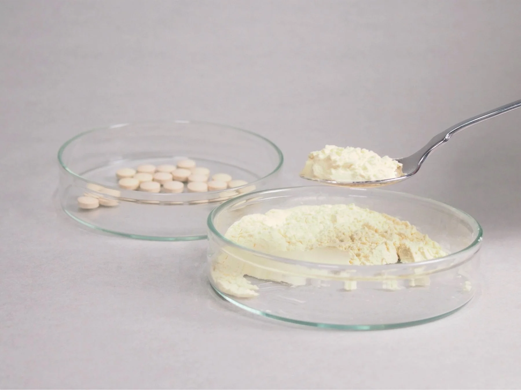 白い粉末と錠剤がシャーレに入っており、スプーンが粉末をすくっている様子