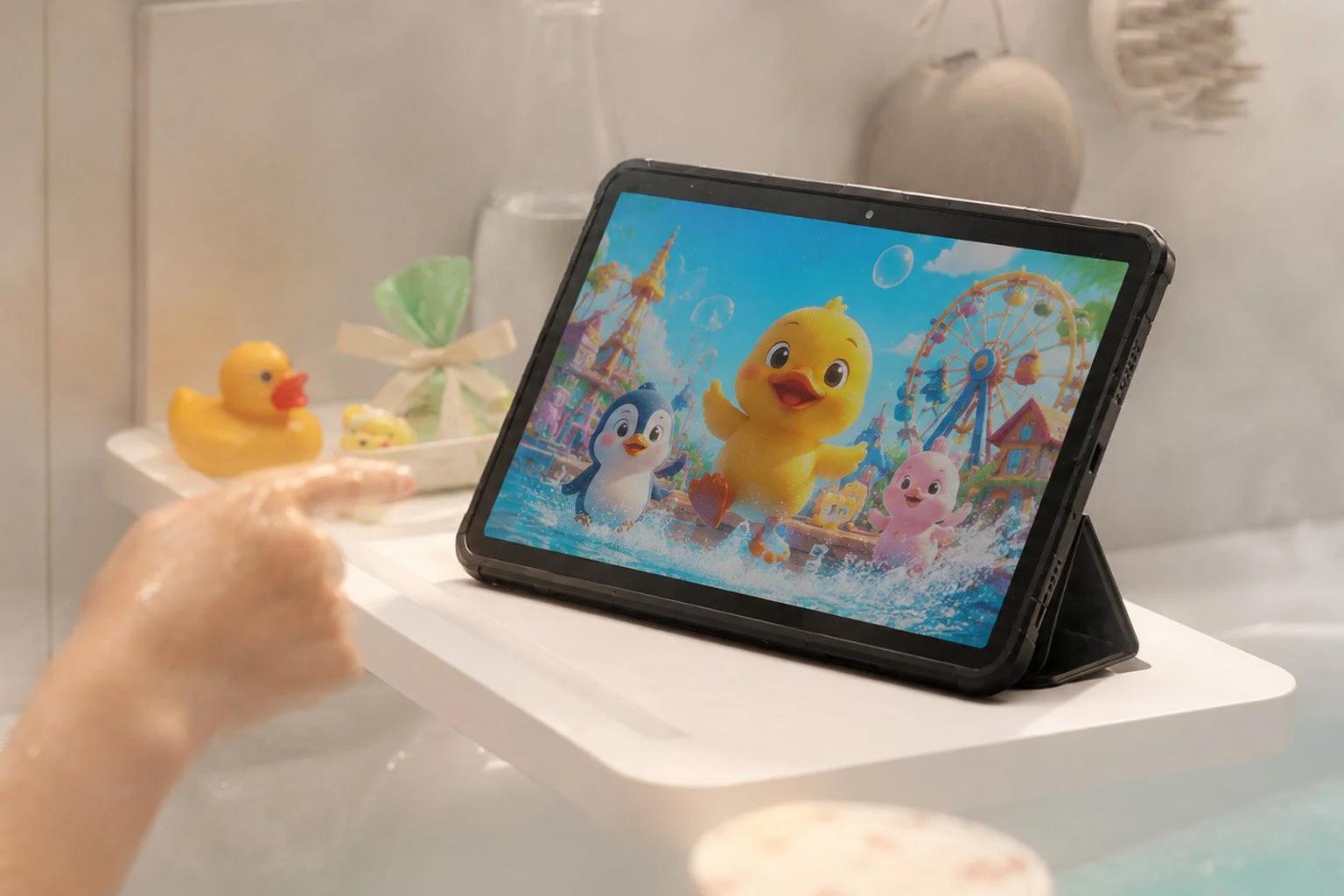 お風呂でタブレットを使用する子供