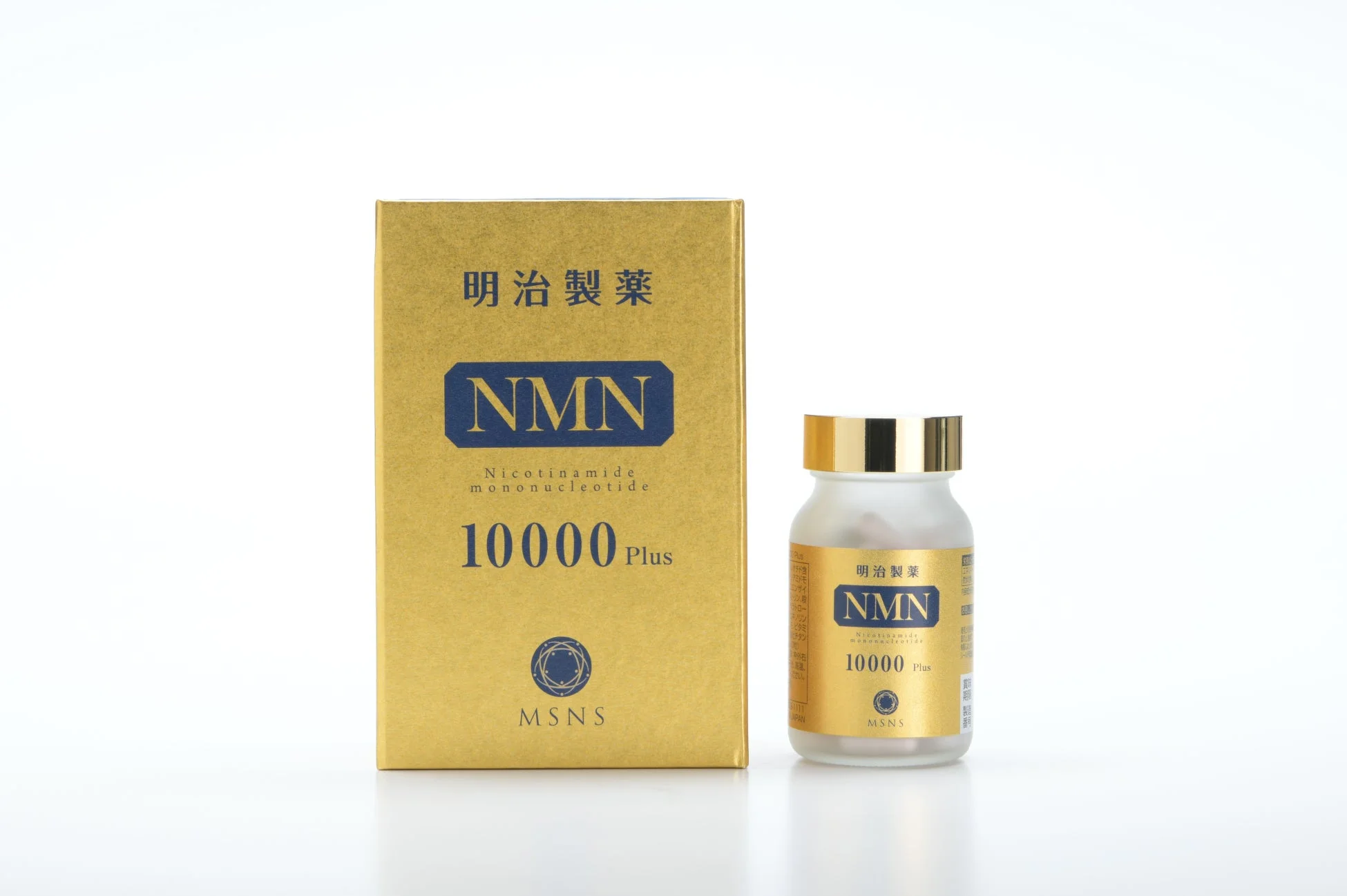 明治製薬のNMN 10000 Plusサプリメントの箱とボトル