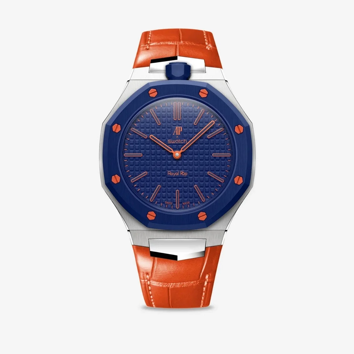 青い文字盤とオレンジ色の革ベルトが特徴的な、APとSwatchのコラボ腕時計「Royal Pop」