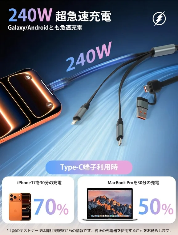 240W 超急速充電 Galaxy/Android とも急速充電