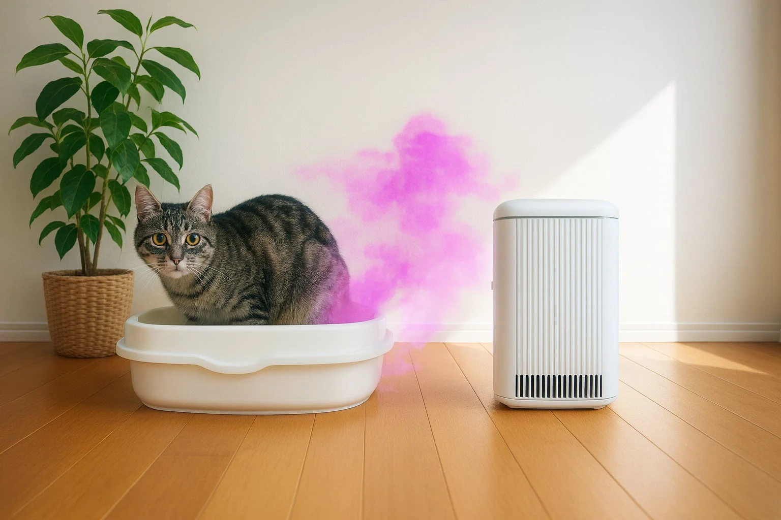 猫がトイレを使用している様子で、ピンク色の煙で表現された臭いが立ち上っています。その横には空気清浄機が置かれ、ペットの臭い対策を意識した室内環境が示唆されています。