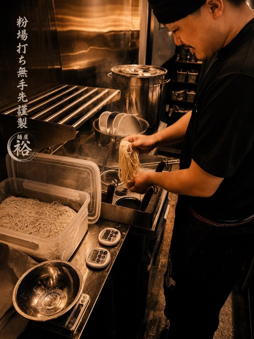 職人が手打ち麺を準備