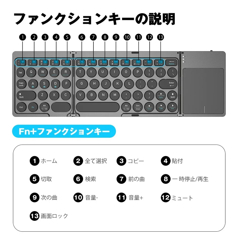 ファンクションキーの説明,1,2,3,4,5,6,7,8,9,10,11,12,13,Esc,F1,F2,F3,F4,F5,F6,F7,F8,F9,F10,F11,F12,Delete,Tab,Q,W,E,R,T,Y,U,I,O,P,{,},,Caps Lock,A,S,D,F,G,H,J,K,L,:,",Enter,Shift,Z,X,C,V,B,N,M,<,>,?,/,Ctrl,Fn,Alt,Opt,Cmd,Home,PgUp,PgDn,End,Fn+ファンクションキー,1 ホーム,2 全て選択,3 コピー,4 貼付,5 切取,6 検索,7 前の曲,8 一時停止/再生,9 次の曲,10 音量-,11 音量+,12 ミュート,13 画面ロック