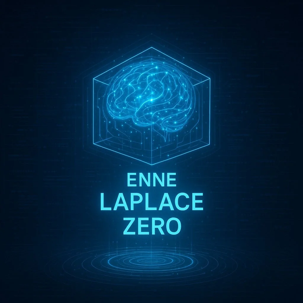 青い光を放つ脳が六角形のワイヤーフレームに囲まれ、その下に「ENNE LAPLACE ZERO」という文字が配置された、AIや科学技術を連想させるデジタルアートワークです。