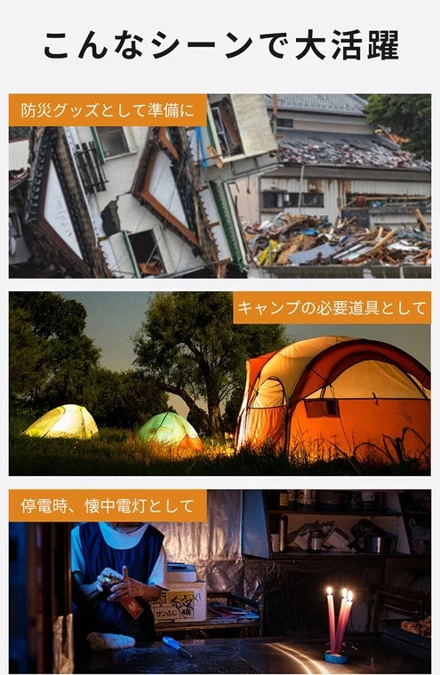 製品が災害時の防災グッズ、夜間のキャンプの必需品、そして停電時の懐中電灯として、様々なシーンで大活躍することを示しています
