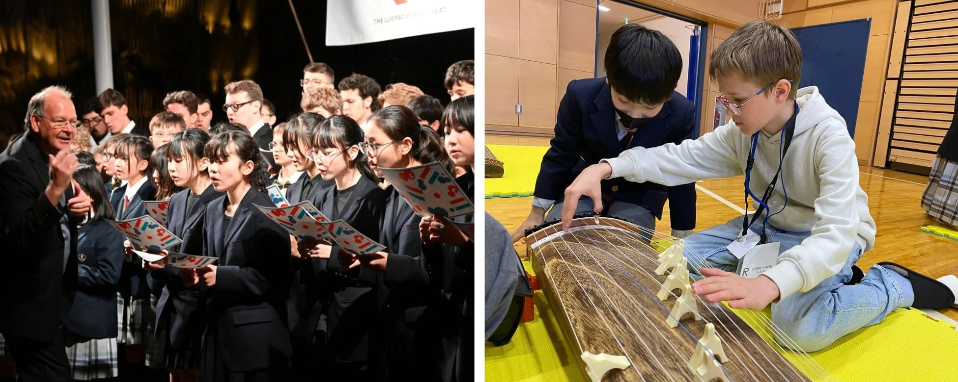 子どもたちが琴を体験する様子と合唱団