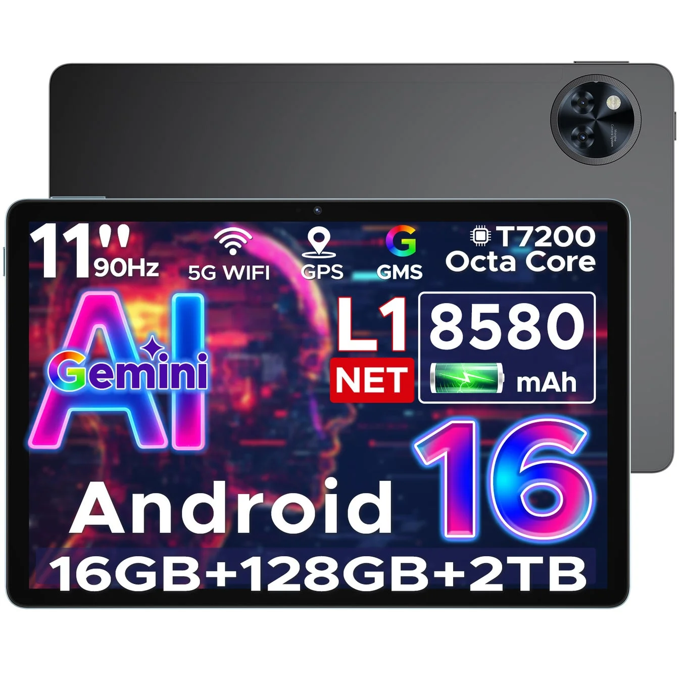最新のAndroid 16タブレットのプロモーション画像。スペック概要。