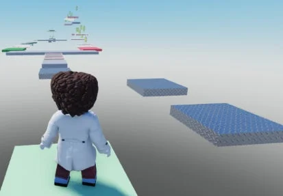 ゲームのアバターが浮島が続く障害物コースのスタート地点に立っている様子