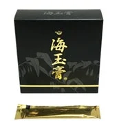 黒い箱に入った「海玉膏」という健康食品のパッケージと、その個包装のスティックタイプの商品が写っています。金色の文字と葉の模様が特徴的です。