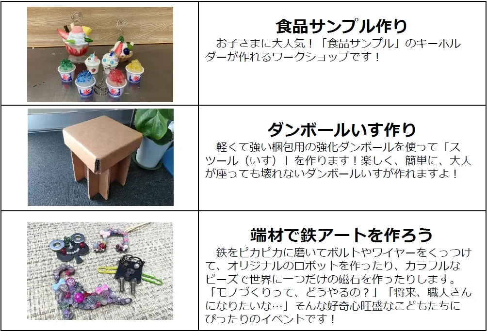 食品サンプル、ダンボールいす、鉄アートのワークショップ