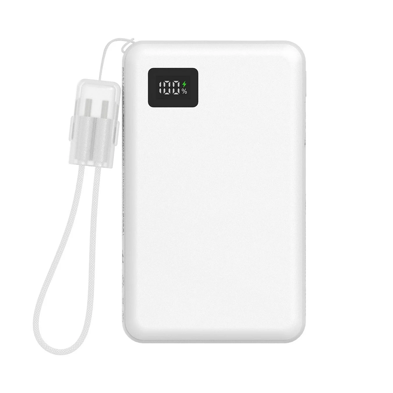 白いモバイルバッテリーが写っており、デジタル表示で充電残量100%と表示
