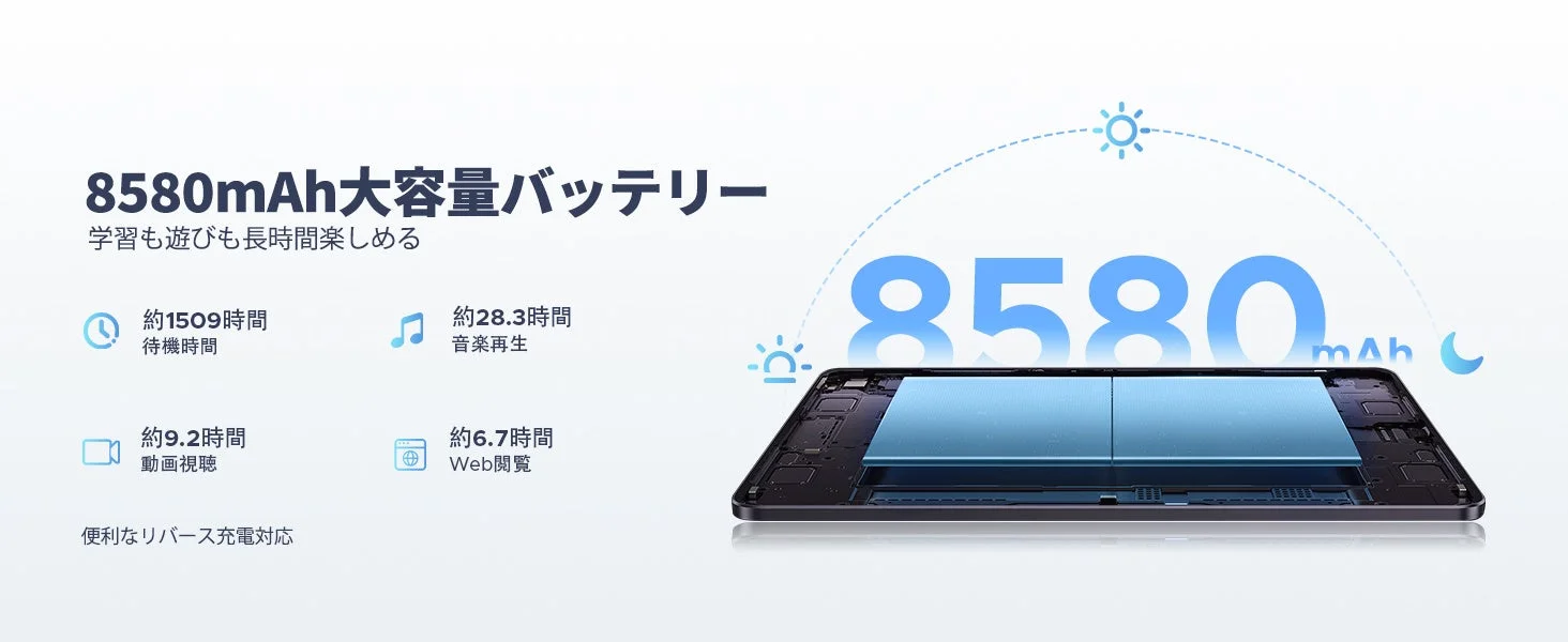 8580mAhの大容量バッテリーを搭載したデバイスの広告画像。